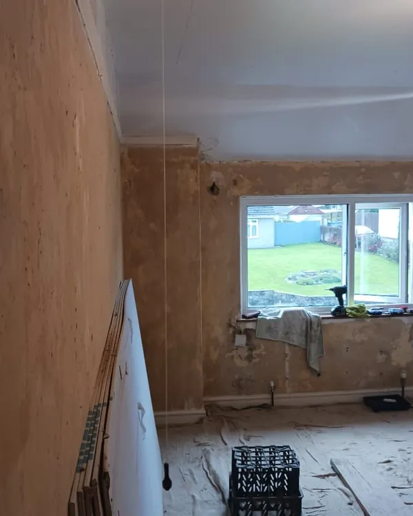 Room mid-job with one freshly plastered wall, plasterboard sheets leaning against it and a window onto a garden